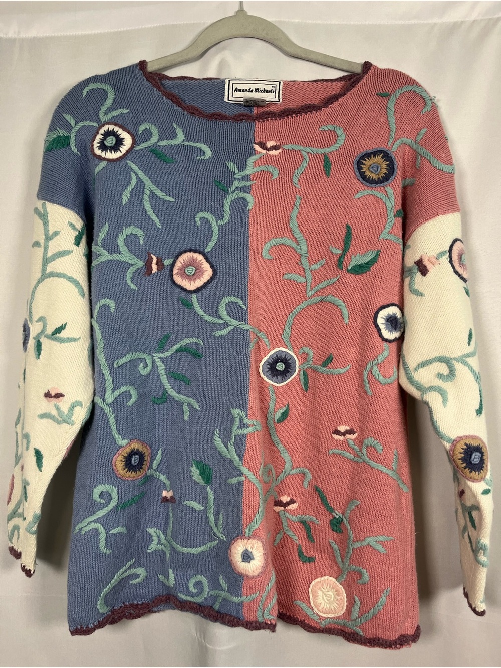 Amanda Michaels VTG floral embroidered knit cottagecore grandma sweater sz L